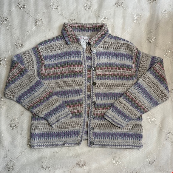 Vintage 90s Talbots Soft Pastel Crochet Knit Button-Up Sweater – Size Small - Picture 1 of 4